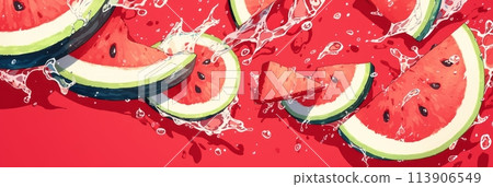 Fresh ripe sliced watermelon slices in splashes of water, healthy fruit, banner 113906549