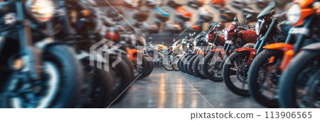 Blured motorcycle salon with various motorcycles close-up Blured motorcycle salon with various motorcycles close-up 113906565