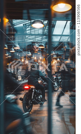 Blured motorcycle salon with various motorcycles close-up 113906566