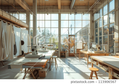 Top view of an empty sewing workshop with sewing machines, mass tailoring 113906567