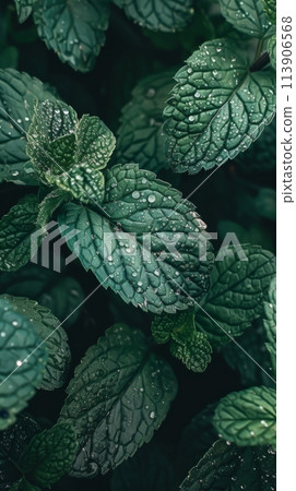 Background of green mint leaves, texture of aromatic healthy mint plants Background of green mint leaves, texture of aromatic healthy mint plants 113906568