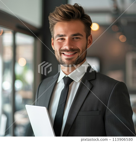 Smiling European businessman 20-30 years old, active business man against the background of his office 113906580