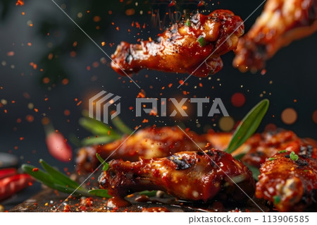 Fried juicy chicken wings, delicious juicy chicken wings with spices and sauce close-up Fried juicy chicken wings, delicious juicy chicken wings with spices and sauce close-up 113906585