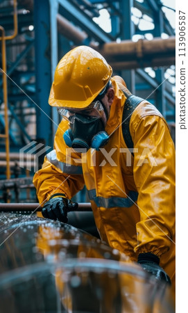 A worker in a yellow protective suit and gas mask checks for a chemical leak at a chemical factory 113906587