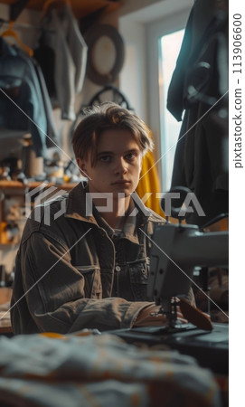 Young boy seamstress at home, the man sits at the sewing machine and looks at the camera 113906600