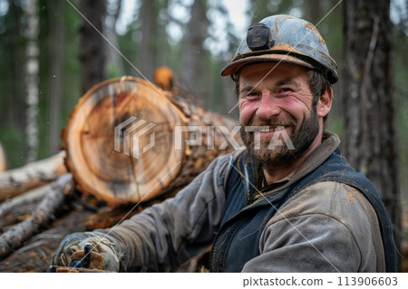 Male lumberjack woodcutter with a saw in his hands against the background of a cut tree 113906603