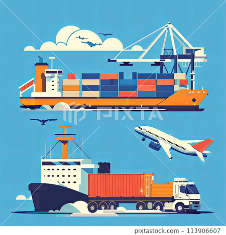 Freight transport, cargo transportation of goods by sea, rail, land and air, transportation and logistics illustration 113906607
