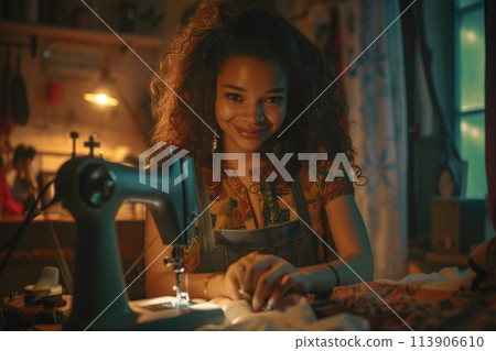 Young girl seamstress at home, the girl sits at the sewing machine and looks at the camera 113906610