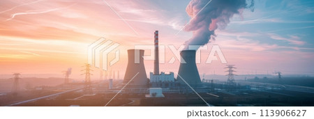 View from afar of a nuclear power plant, operating nuclear reactors against the backdrop of nature, peaceful atom, banner 113906627