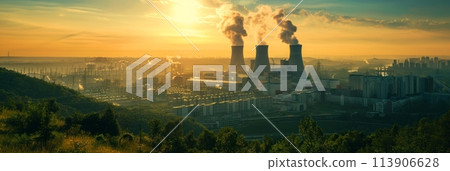 View from afar of a nuclear power plant, operating nuclear reactors against the backdrop of nature, peaceful atom, banner 113906628