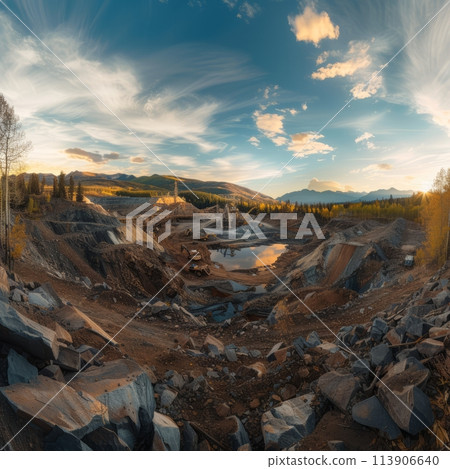Gold mining, open pit with waste sand and earth for gold ore mining, mining of minerals and ores and precious metals 113906640