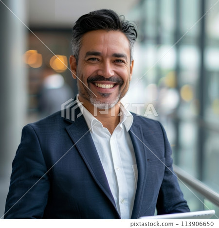 Smiling Hispanic businessman 40-50 years old, active business man in front of his office 113906650