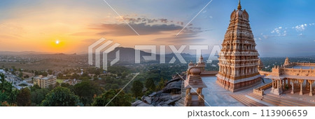 Majestic Hindu temple with jungle and mountains in the background, banner 113906659