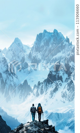 Couple of young people hiking on top of a mountain, traveling to the mountains 113906660