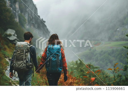 Couple of young people hiking on top of a mountain, traveling to the mountains 113906661