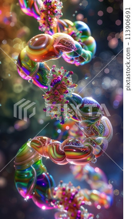Colorful multicolored enzymes on a dark blurred background, enzymes to speed up a chemical reaction 113906691