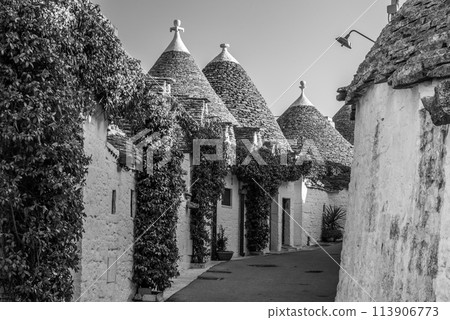 Iconic residential houses in the historic Trulli district in Alberobello, Southern Italy Iconic residential houses in the historic Trulli district in Alberobello, Southern Italy 113906773
