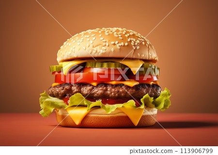 Multi-layer juicy tasty burger close-up, fast food 113906799
