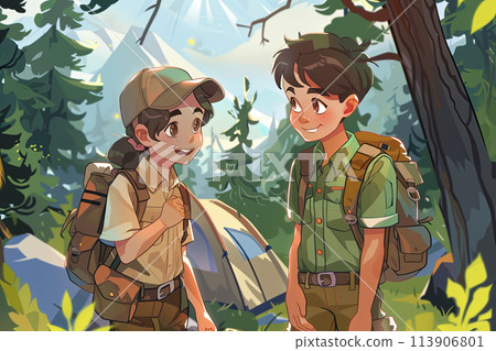 Boy scouts and girl scouts in uniform in the forest near the tents, survival in the forest, illustration 113906801