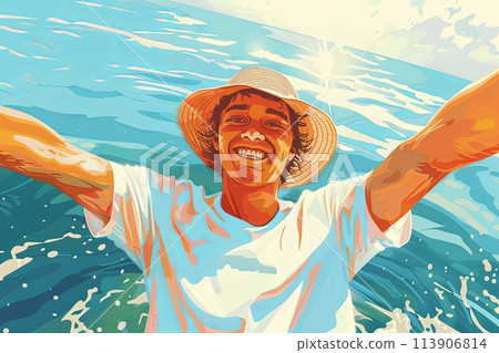 Illustration of a happy young guy taking a selfie on the background of the sea Illustration of a happy young guy taking a selfie on the background of the sea 113906814