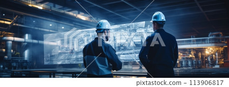 Work process in a workshop, an engineer and a worker solving production problems, banner 113906817