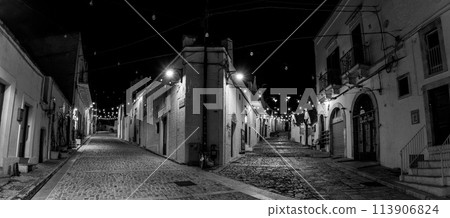 Scenic abandoned street in the Trulli district of Alberobello at night, Italy 113906824