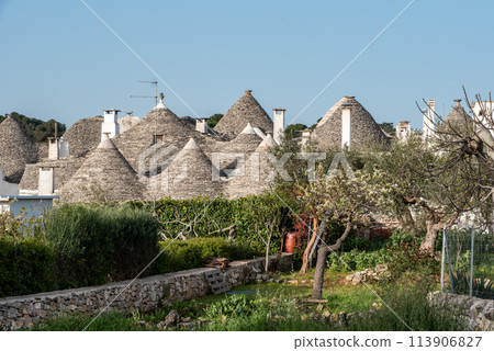 Scenic historic trulli dwellings in Alberobello, Italy Scenic historic trulli dwellings in Alberobello, Italy 113906827