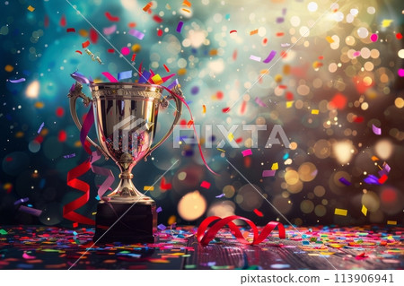 Shiny sparkling champion gold cup on a bright background with sparkles and confetti and festive satin ribbons, first place Trophy cup 113906941
