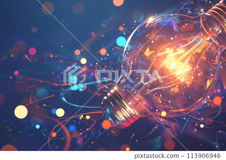 Glowing light bulb with different colors splashed on a blurred bright multi-colored background, progress and innovation and idea concept 113906946