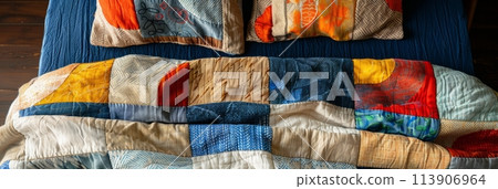 Bedroom with bed with patchwork quilt, colorful patchwork quilt, banner 113906964