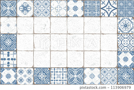 Mediterranean style ceramic tiles with cracked and scuffed seams with Portuguese symbols in rectangular frame. Isolated on white background watercolor illustration with empty space in the center 113906979