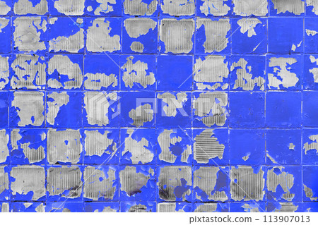 Blue peeling old cracked paint mosaic square grey glass texture background weathered shabby 113907013