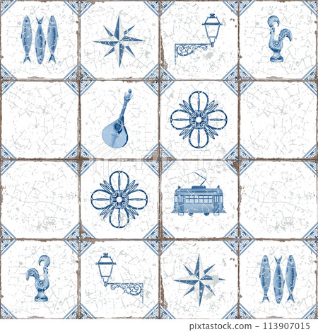 Azulejo ceramic tile with Portuguese symbols (wind rose, sardines, streetcar, rooster, street lamp, fado guitar) in a square composition with traces of antiquity: cracks, scuffs. 113907015