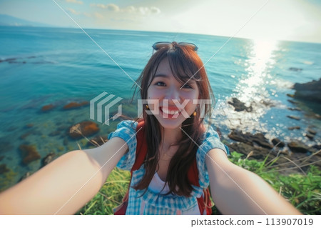 Happy smiling young Asian girl taking selfie against sea background, summer beach holiday 113907019