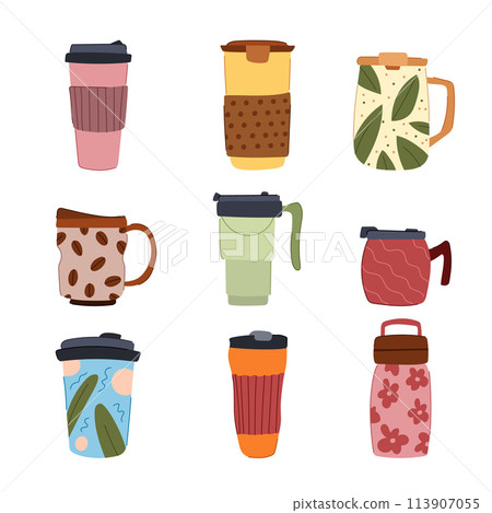 reusable coffee cup set cartoon vector illustration 113907055