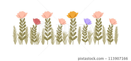 Colorful vintage spring flowers border, nature floral pattern frame isolated on white background, botanical flat design vector illustration 113907166