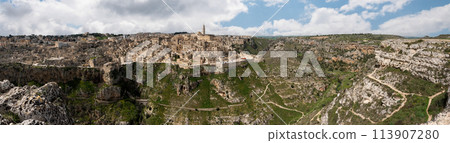 Great panoramic view of historic downtown Matera, Southern Italy 113907280