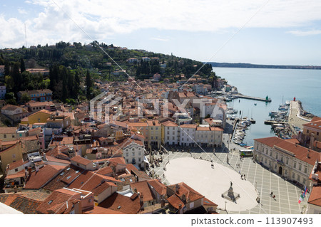 Piran main square aerial view, Slovenia 113907493