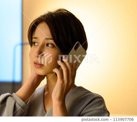 使用智慧型手機的端莊的女人 113907706