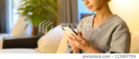 使用智慧型手機的端莊的女人 113907709