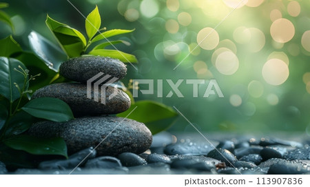 Photo of spa background with stones and bamboo leafs on wooden table, space for text. Bright blurred light green color background, copy space concept. 113907836