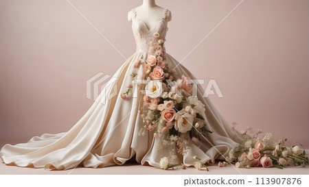Wedding dress in flowers on a neutral pastel background 113907876