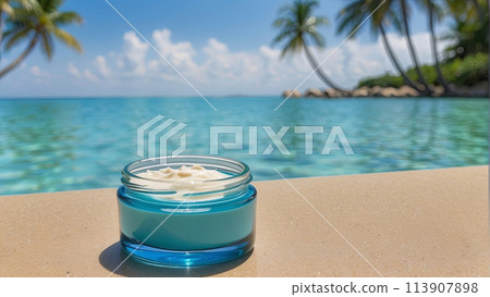 glass jar with cosmetic cream on the table near clear blue water on a tropical beach 113907898