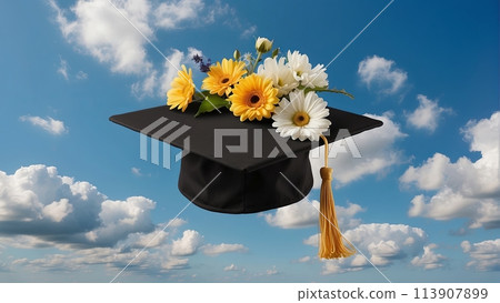 graduate hat with flowers, blue sky background 113907899