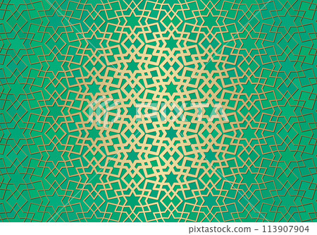 Abstract background with islamic ornament, arabic geometric texture. Golden lined tiled motif. Abstract background with islamic ornament, arabic geometric texture. Golden lined tiled motif. 113907904