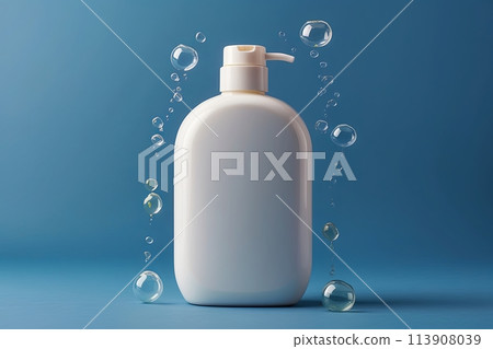 white shampoo bottle with soap bubbles on a plain blue background 113908039