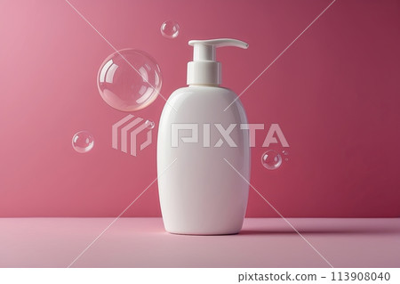 white cosmetic bottle with cream or lotion and soap bubbles on a plain pink background 113908040