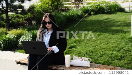 Young business woman in suit freelancer working on break with laptop outdoors in park. Female office worker sitting on a bench on a city street park on a modern urban background Workplace outside 113908041