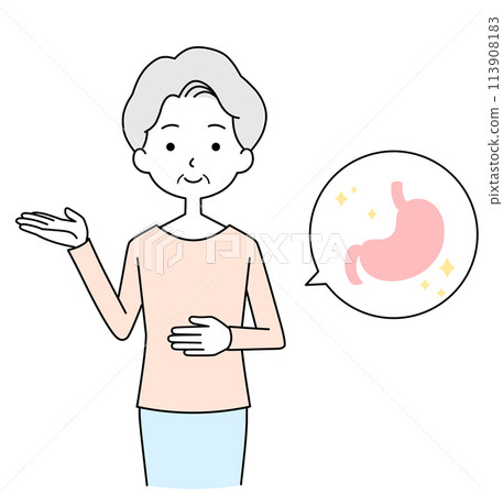 Illustration of a senior woman with a healthy stomach Illustration of a senior woman with a healthy stomach 113908183