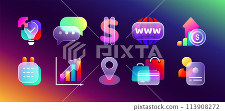 Realistic glass morphism transparent ui icons for mobile app with blur neon gradient Realistic glass morphism transparent ui icons for mobile app with blur neon gradient 113908272